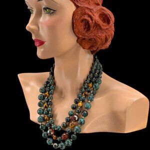 Vintage Multi Strand Beaded Necklace with Turquoise Amber & Green Tones